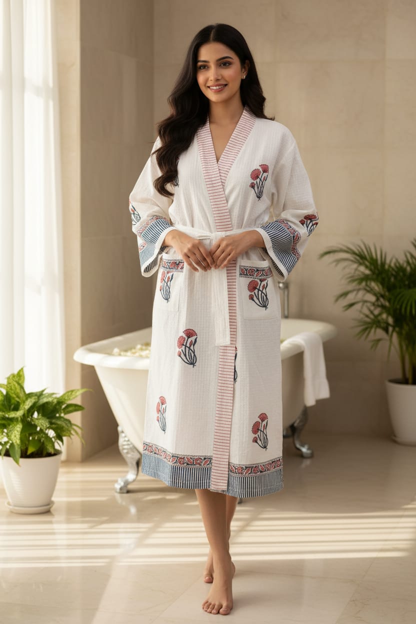 Hand Block Printed Cotton Bathrobe